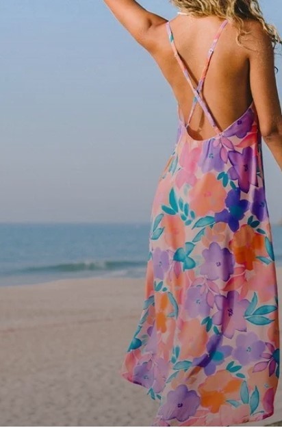 Cupshe Sakura Cream Pink Orange Multicolor Floral Midi Slip Dress Crossback M