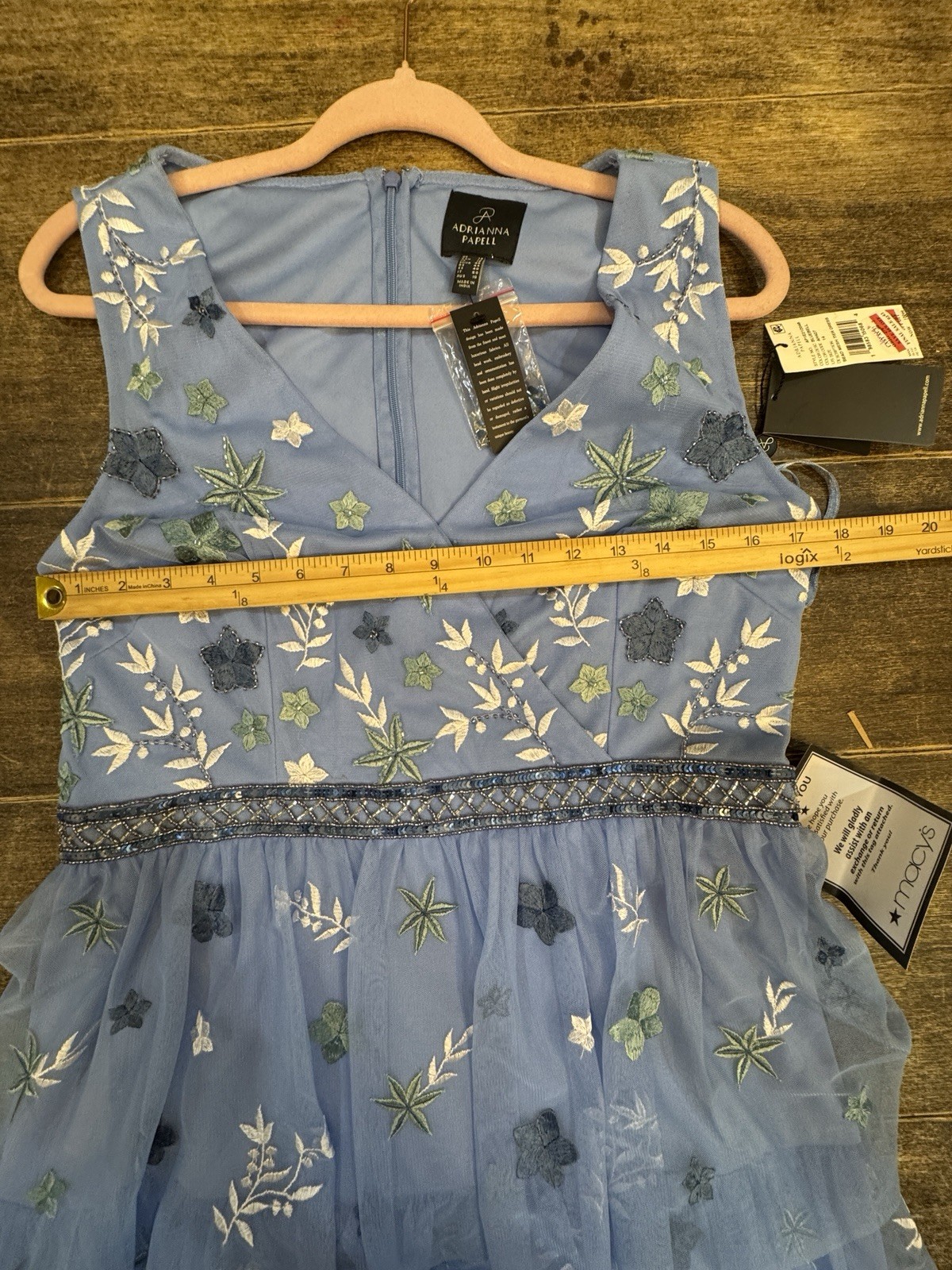 Adrianna Papell Beaded Tiered Mesh Dress Blue Womens Size 14 Floral Embroidered