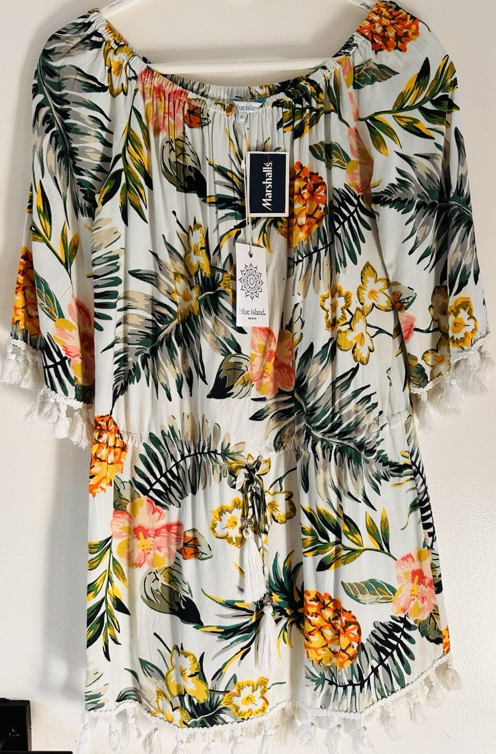 Blue Island Tropical Floral Dress Rayon Tassel Hem Drawstring Off Shoulder M
