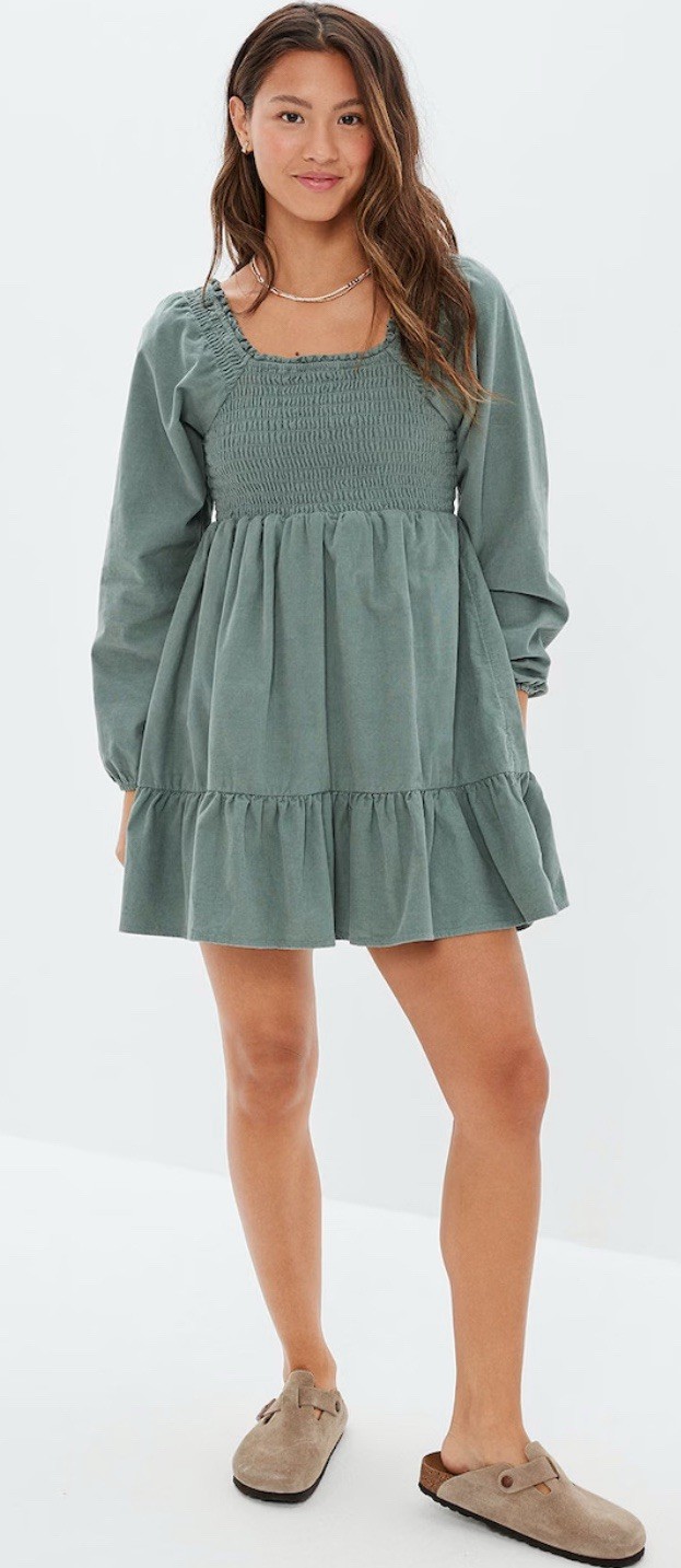 Women’s Olive Green Corduroy Long Sleeve Dress Size XL Stretchy Top Fall Winter