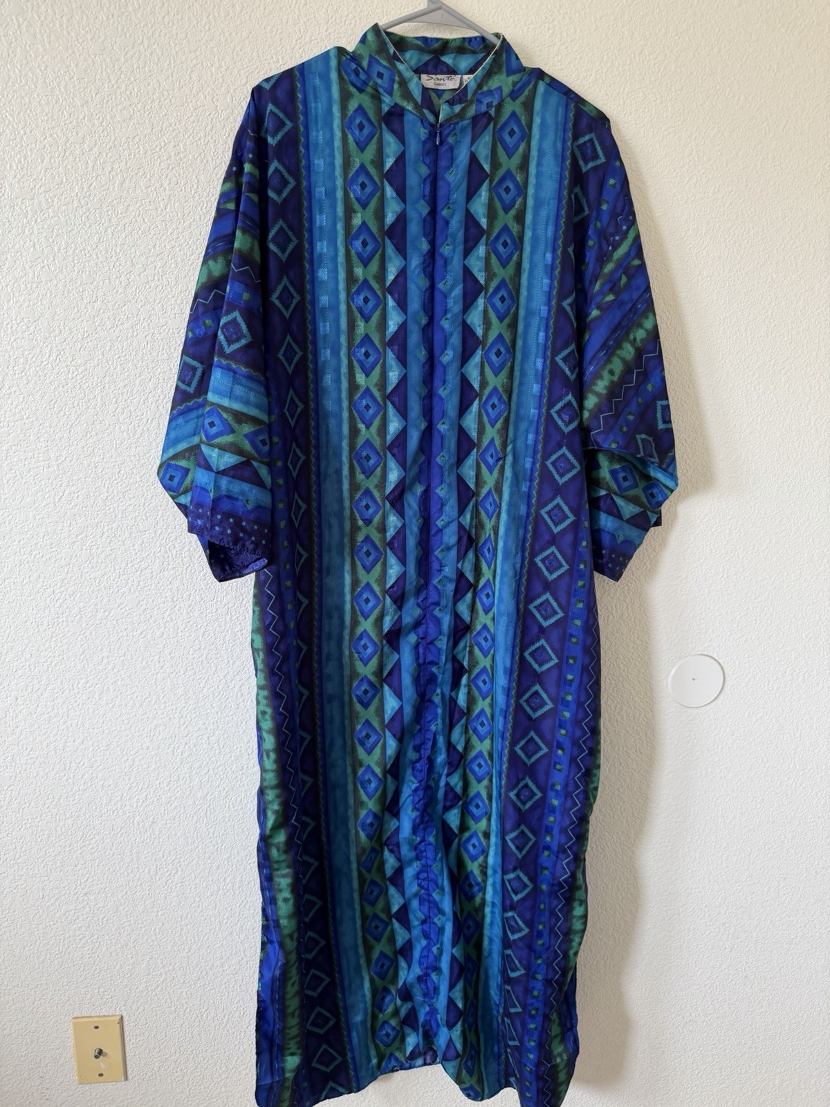 Sante Classics Women M Blue Green Geometric Print Button Front Long Dress Zipper