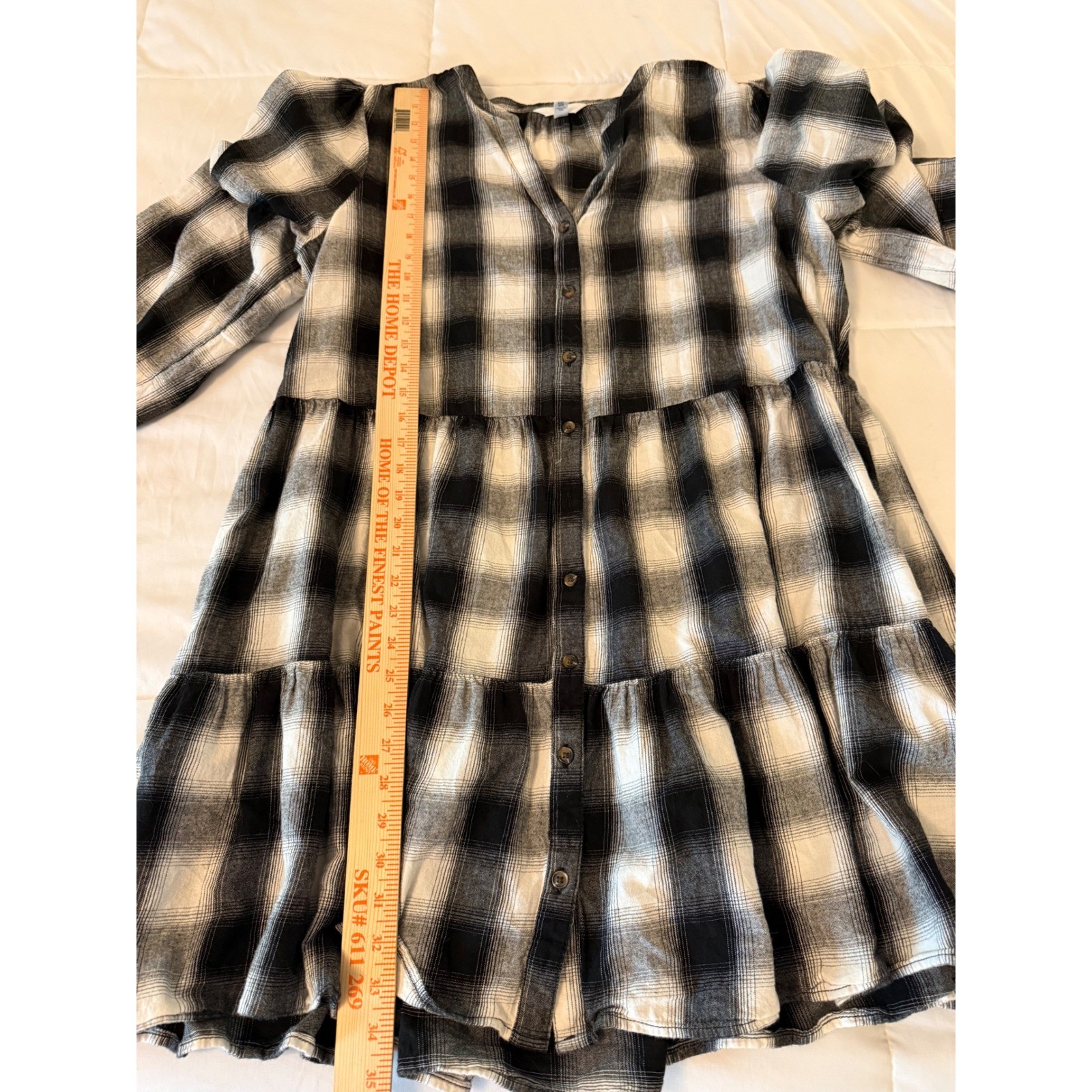 Black White Buffalo Plaid Button Front Tiered Midi Dress Long Sleeve with Pocket