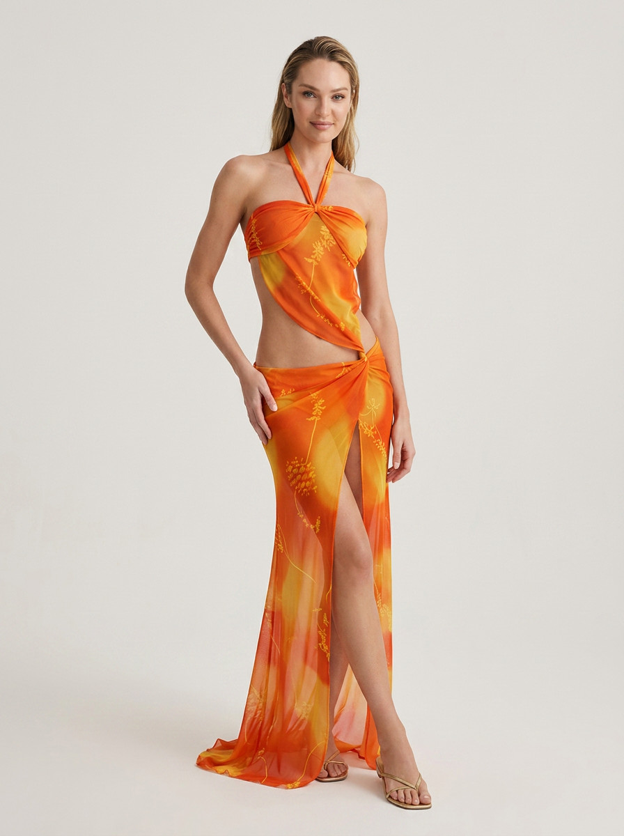 Sunset Floral Sheer Cut-Out Maxi Dress