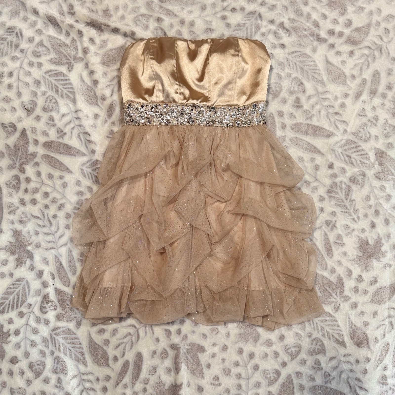 Speechless Champagne Sequin Glitter Tulle Strapless Party Dress Size 7
