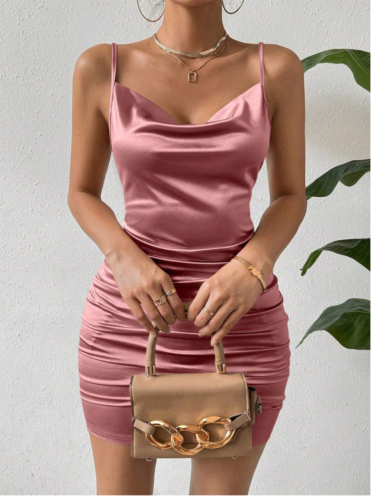 RaffinéaSummer Draped Neck Solid Color Pleated Camisole Sleeveless Elegant Dress