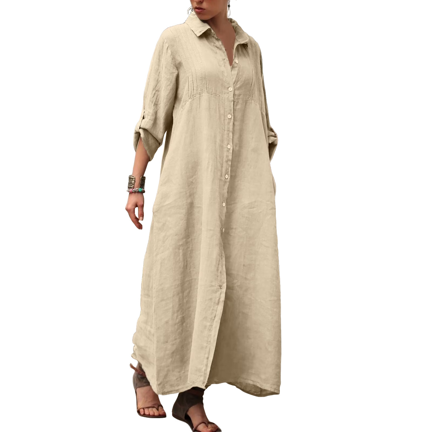 Women’s Linen-Like Maxi Shirt Dress Casual Rolled Up Long Sleeve Button Down