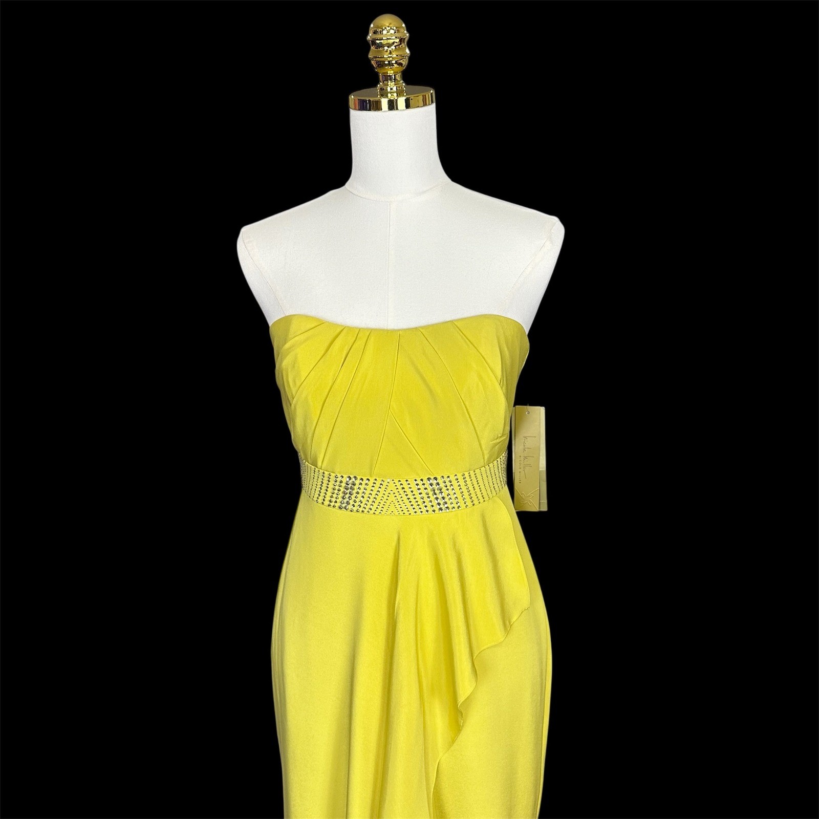 Nicole Miller Yellow Strapless Embellished Waist Ruffle Evening Gown Maxi Dress