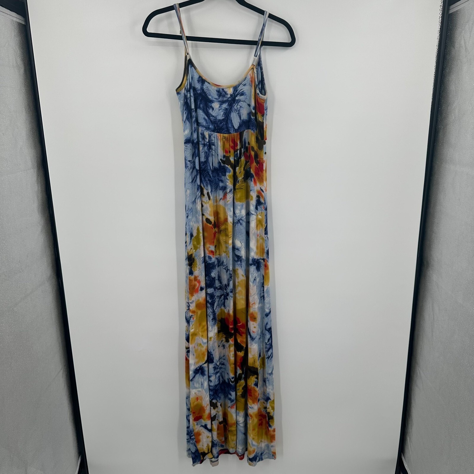 Calvin Klein Women Blue Yellow Abstract Floral Maxi Dress Empire Waist Stretch S