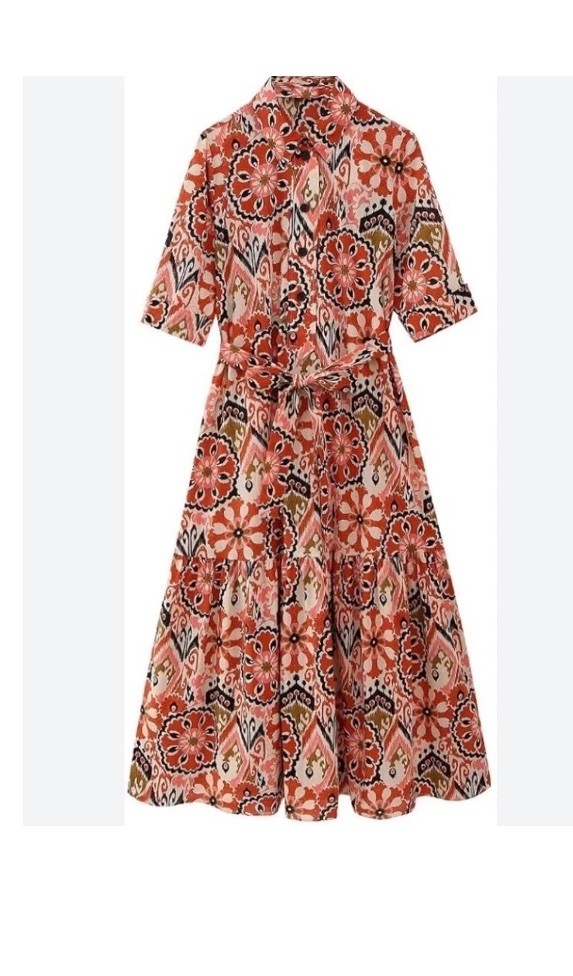 Zara Womens Pink Orange Ikat Floral Tiered Midi Shirt Dress Size Large Belted