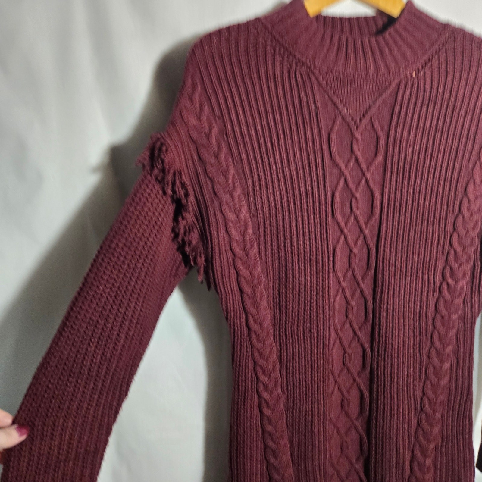 American Rag Medium Keyhole Cable Knit Fringe Dress Burgundy Wine Winter Cozy
