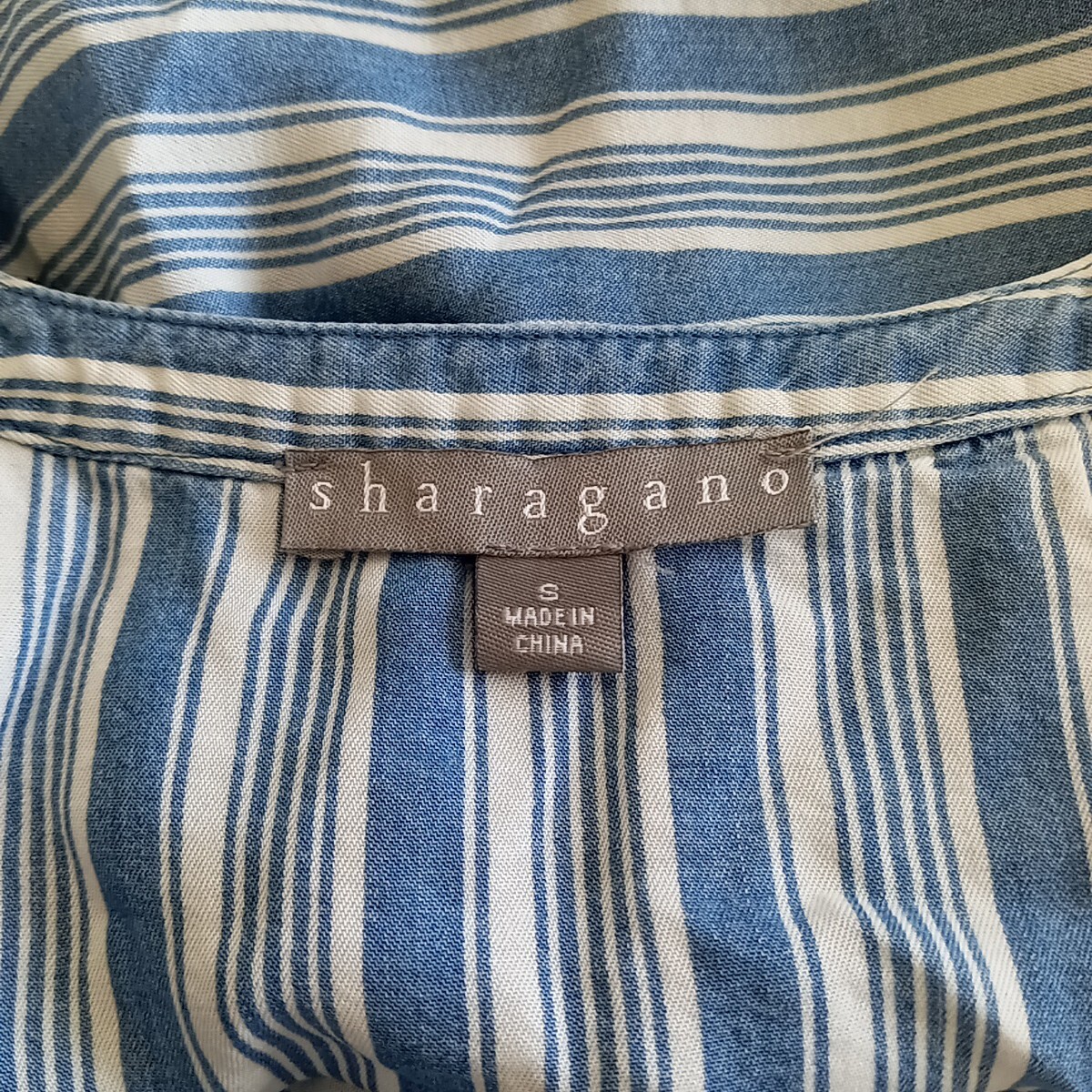 Sharagona Womens sleeveless Button Up shirt dress sz S work Striped Blue White