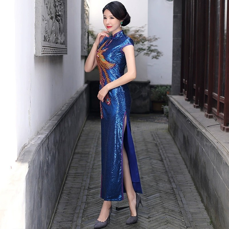 Women Sequined High Split Slim Stage Party Dress Phoenix Embroidered Cheongsam
