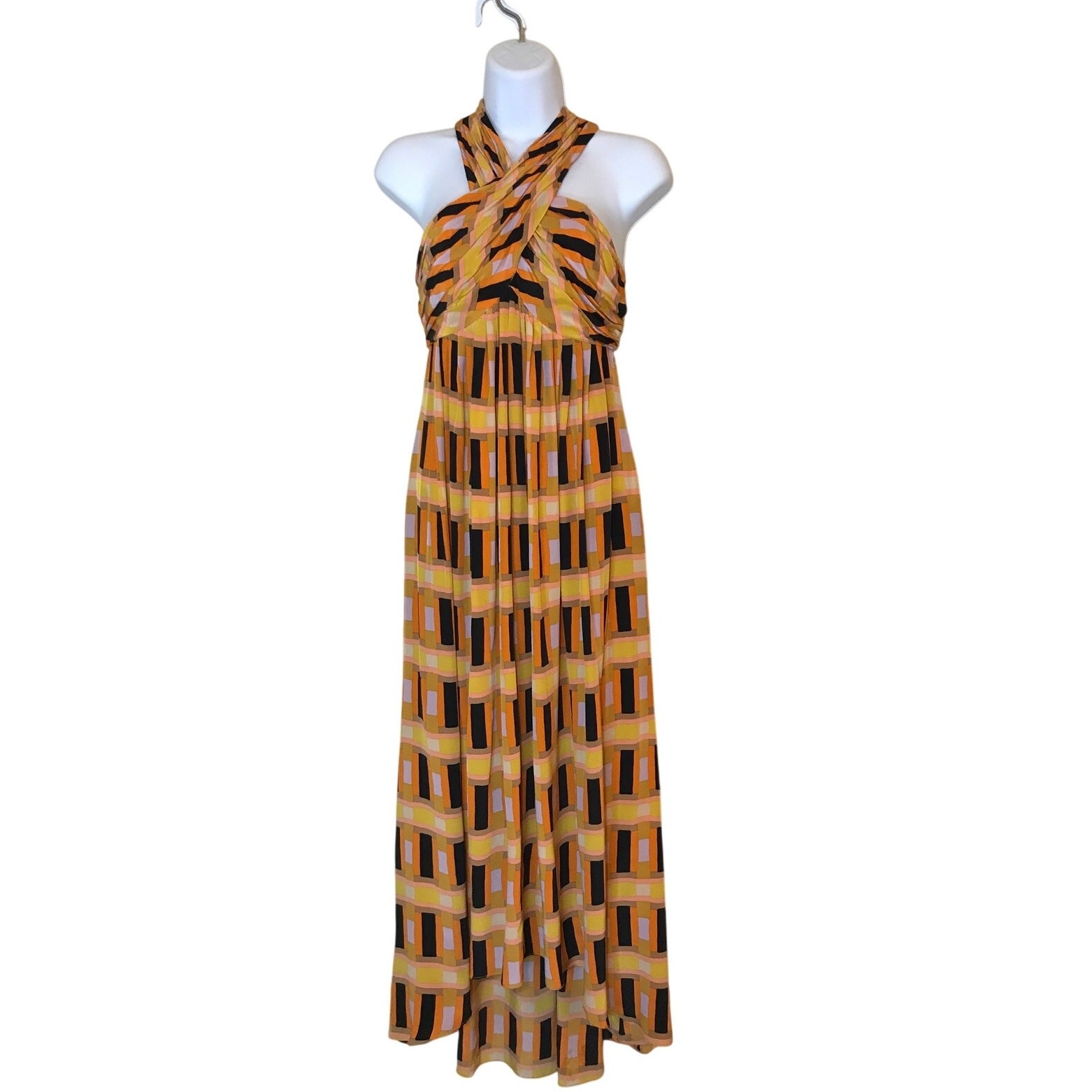 Tracy Reese Geometric Print Halter Hi Low Midi Dress 4 Silk