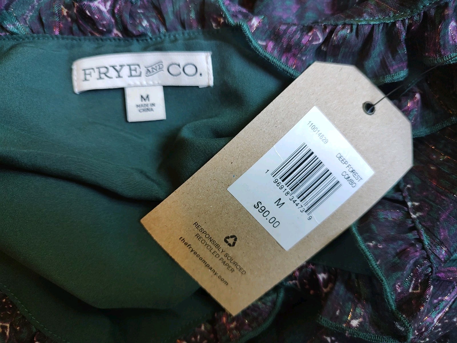 Frye Knee Length Dress Ruffle Buttons Lurex Green Purple Floral Size M Women’s