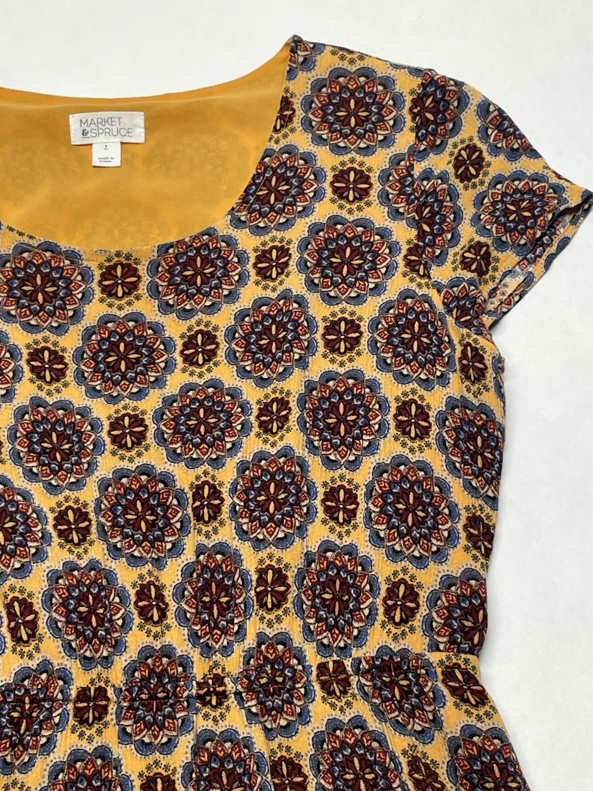 Golden Yellow Metallic Embroidered Mandala Dress Sz S Boho Funky Artsy Festival