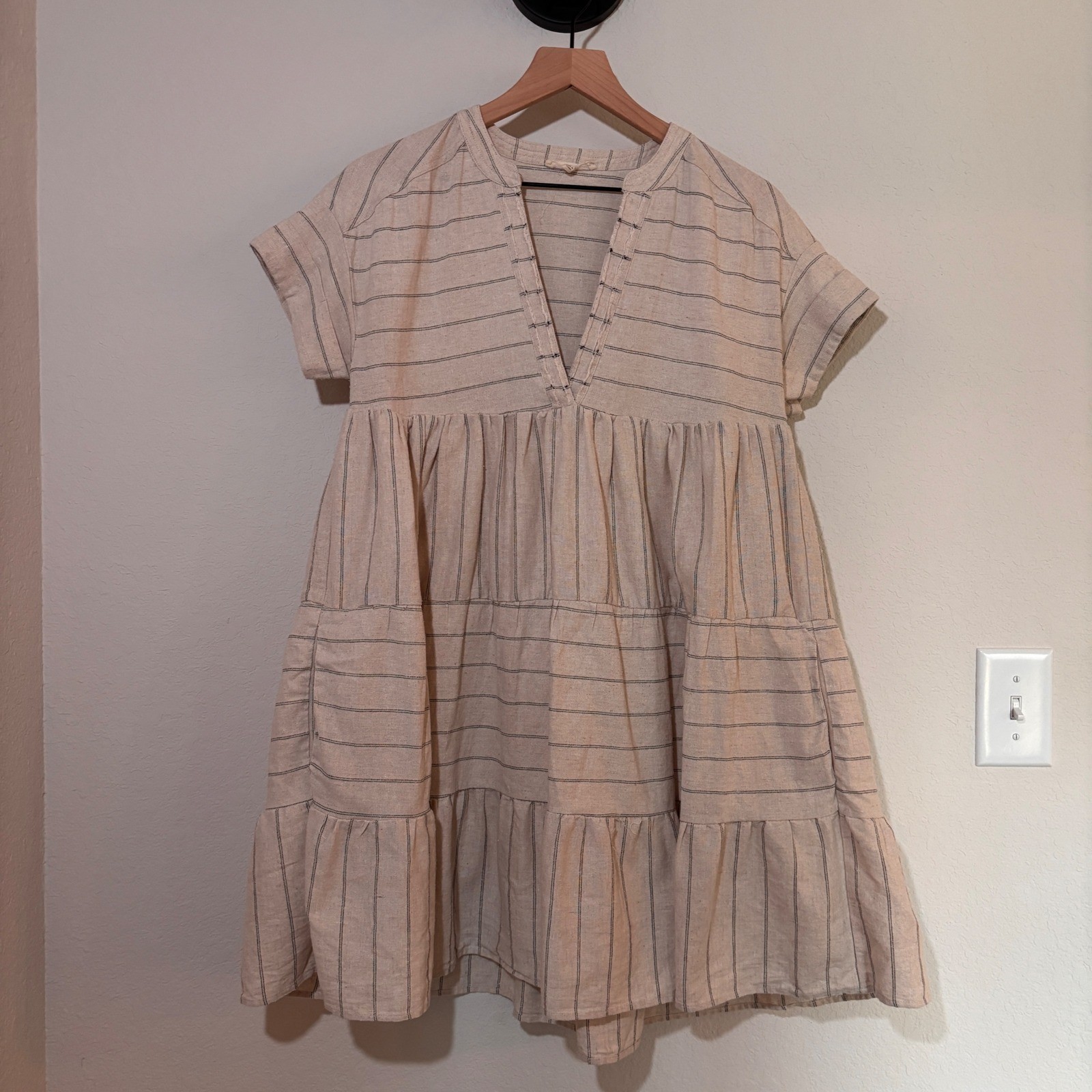 Promesa Striped Cotton Linen Tiered Babydoll Mini Dress Cream Black Small