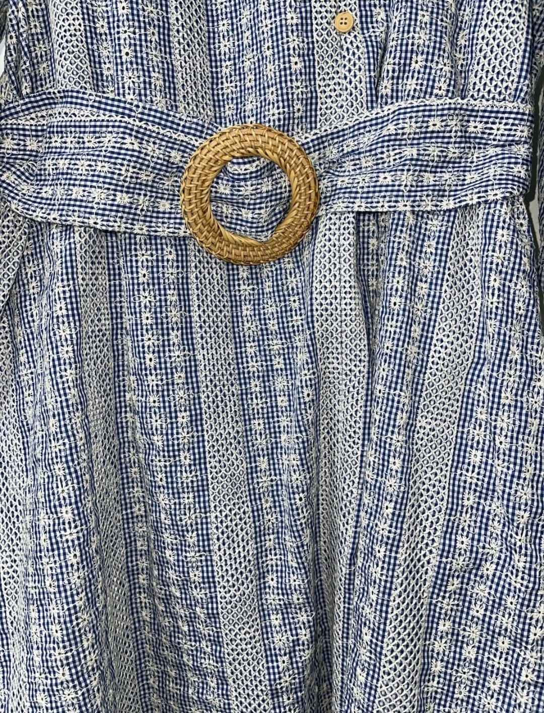 NWT Zara XS Blue/White Gingham V-Neck 3/4 Sleeve Button A-Line Mini Dress