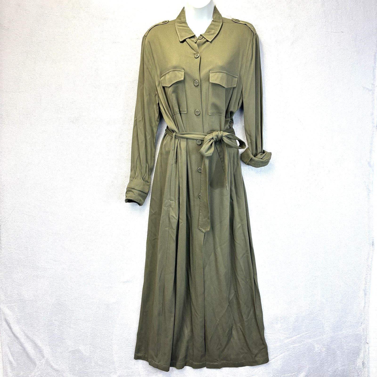 BB Dakota Belted Maxi Shirt Dress Womens Medium Green Military Pockets Utility