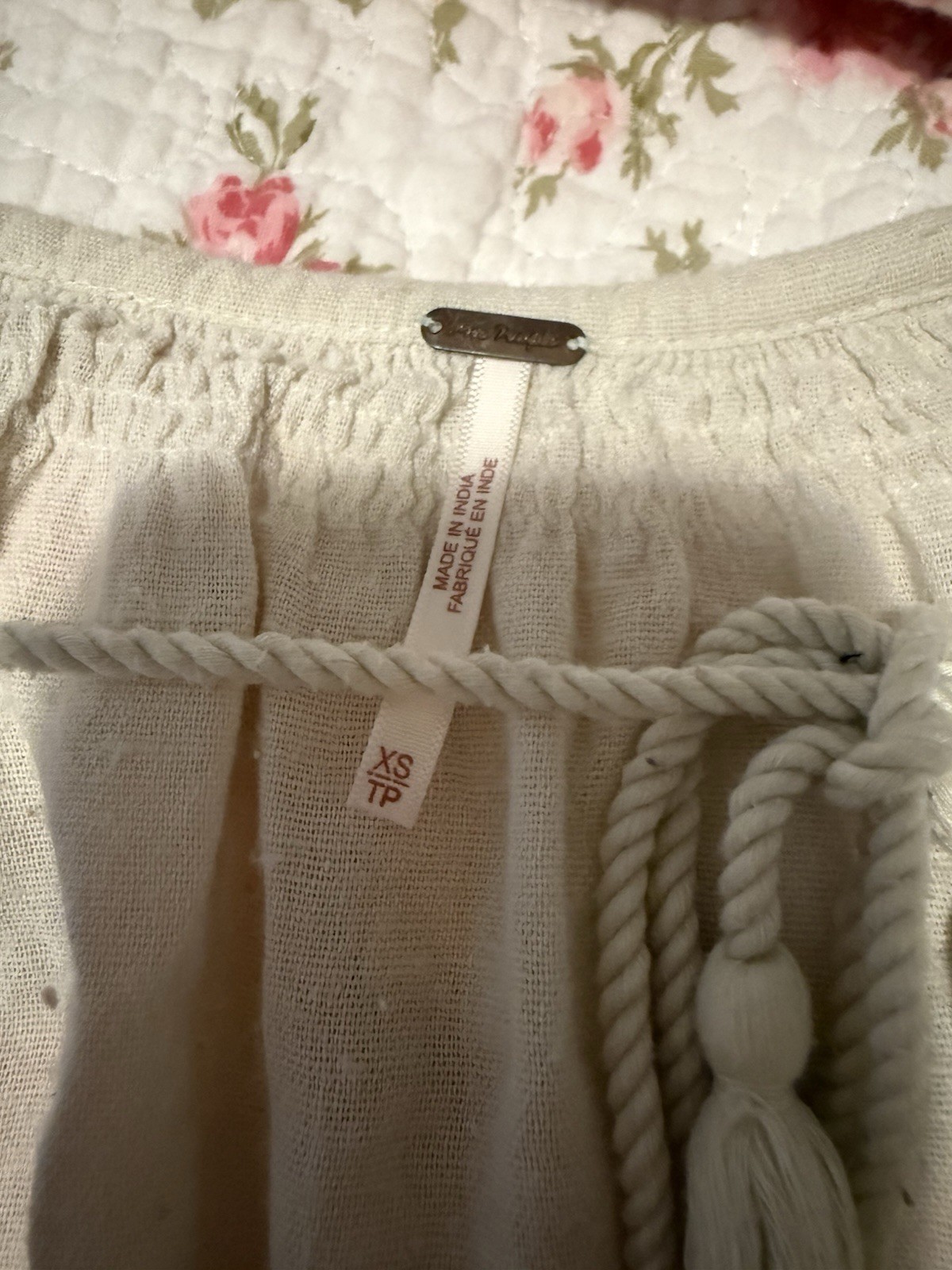 Free People Ivory Embroidered V-Neck Tie Tassel Bell Sleeve Mini Dress XS