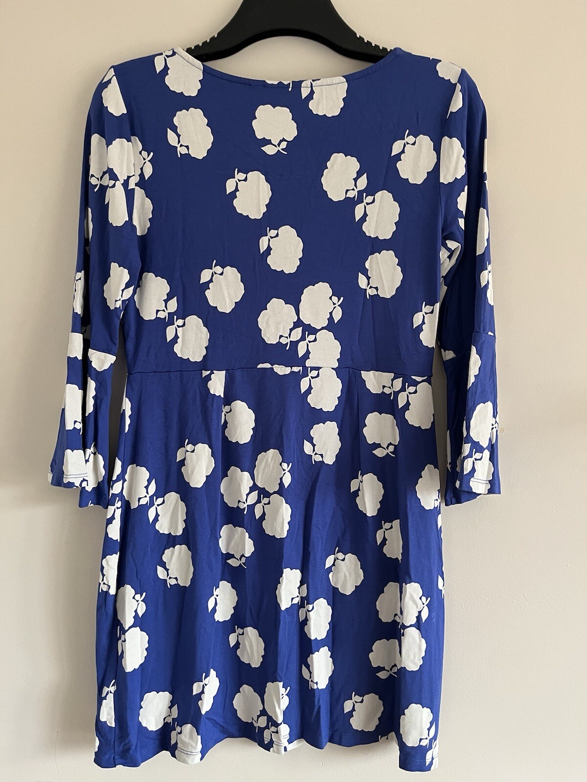 BODEN Miriam Stretch Tunic Dress Blue White Bold Floral Bell Sleeve Size 12 C1