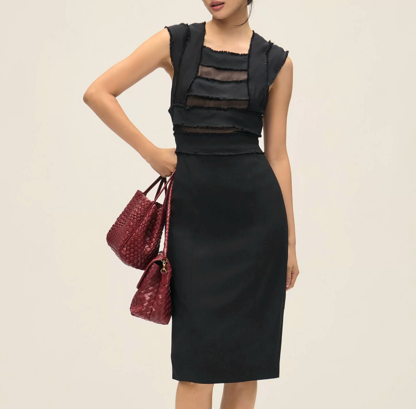 size 8 By ANTHROPOLOGIE Black Cap-Sleeve Raw-Edge Mesh-Panel Midi Pencil Dress