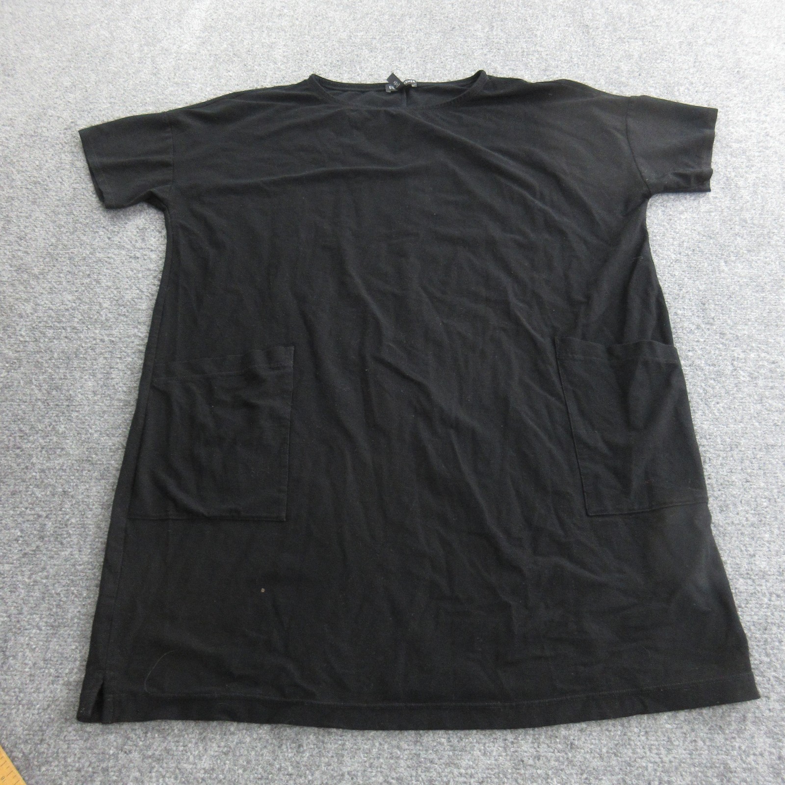 Eileen Fisher Dress Womens Small Black Short Sleeve Tunic Pockets Made USA