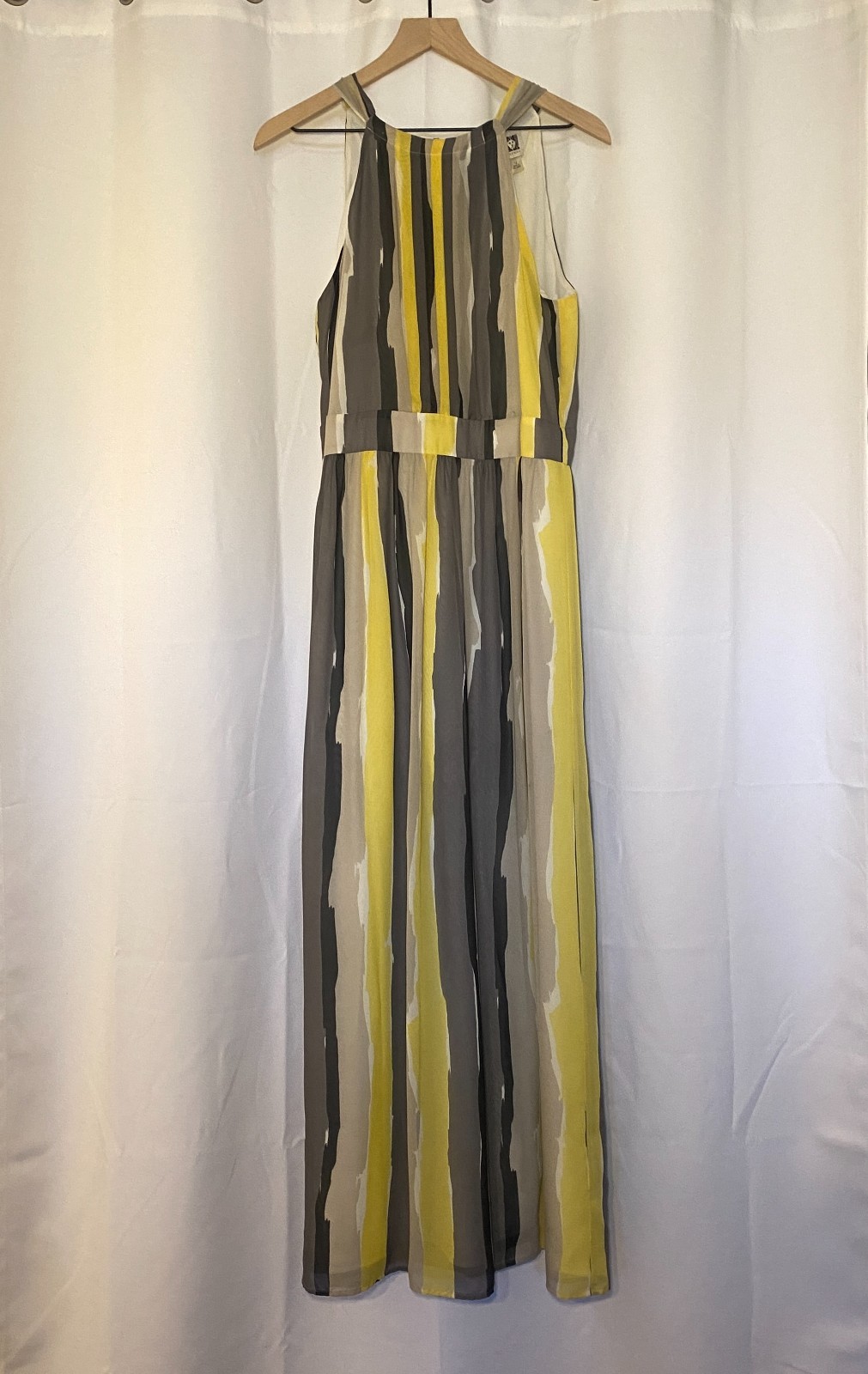 Anne Klein Womens Halter Neck Chiffon Maxi Dress Yellow Gray White Stripe 12 EUC