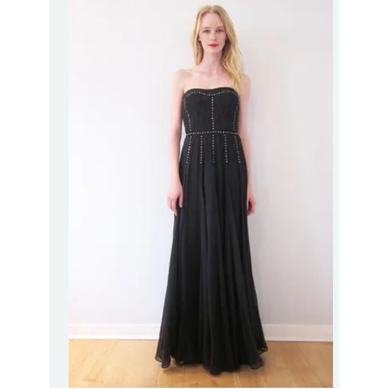 Rebeca Taylor Black chiffon Strapless Dress Studded Rhinestone Lace Bodice Sz 6