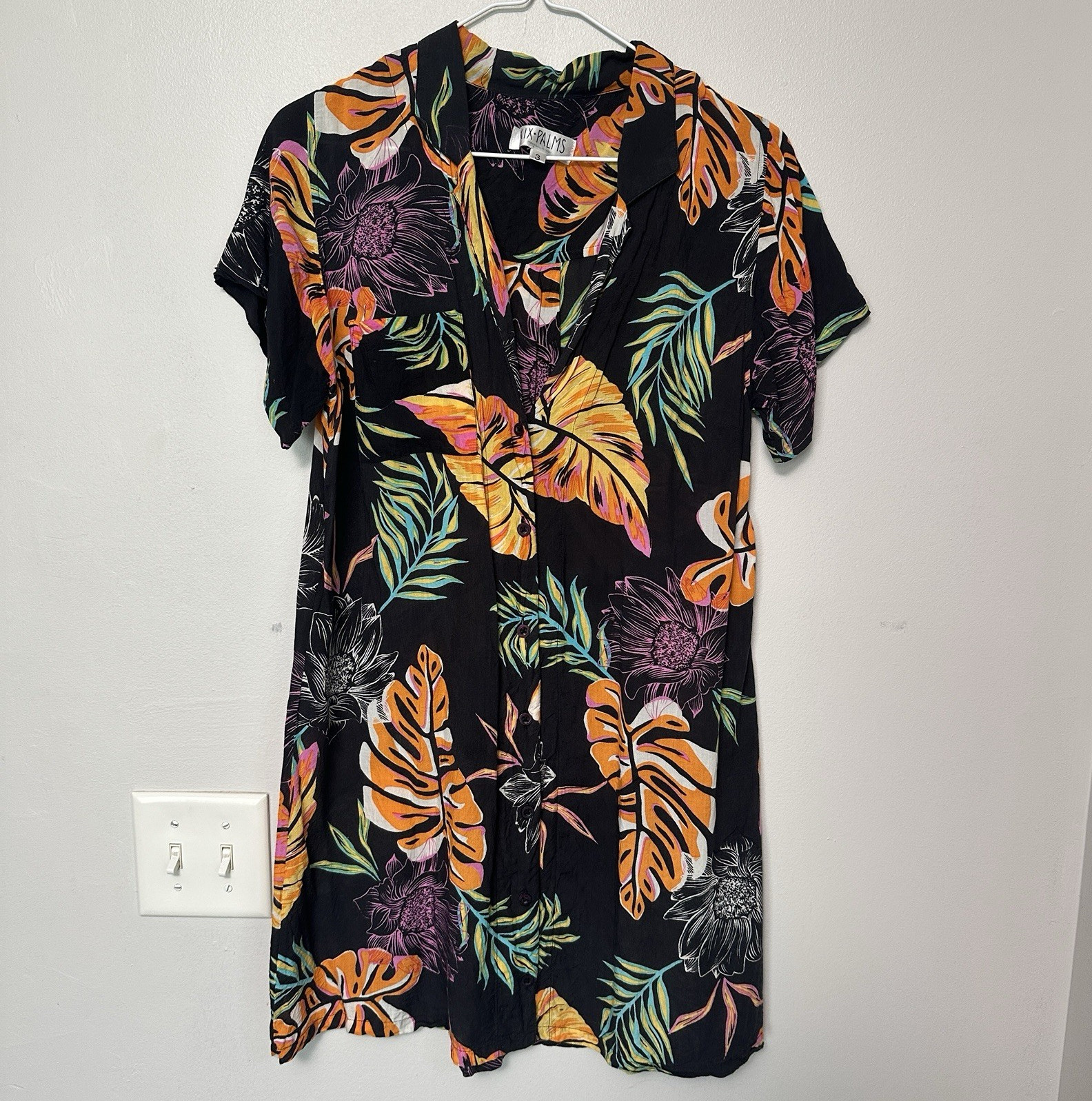 Nix Palms Black/Multicolor Floral V-Neck Short Sleeve Shirt Dress Button 3