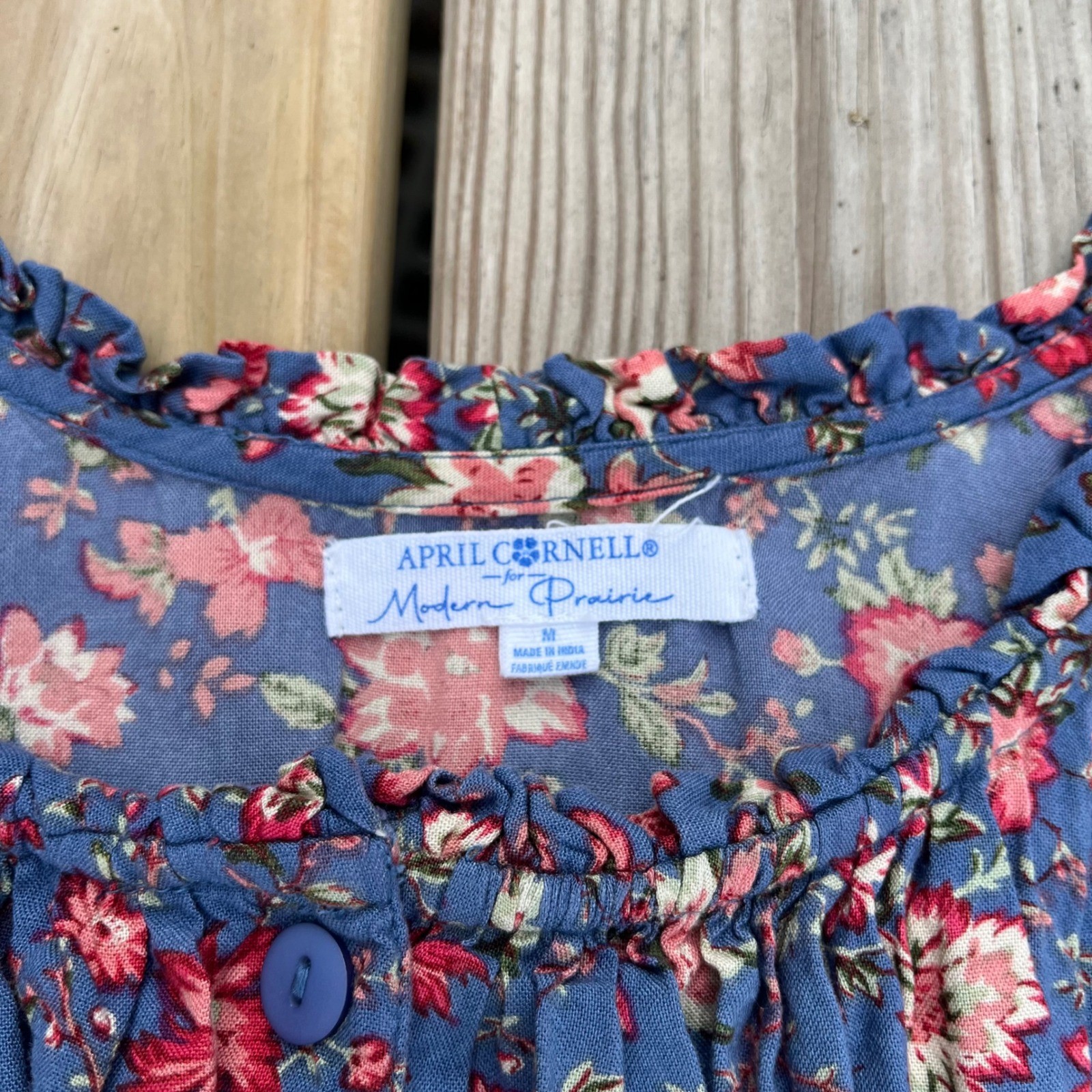 April Cornell X Modern Prairie Dress Blue Floral Midi Cottagecore Tie Waist Med