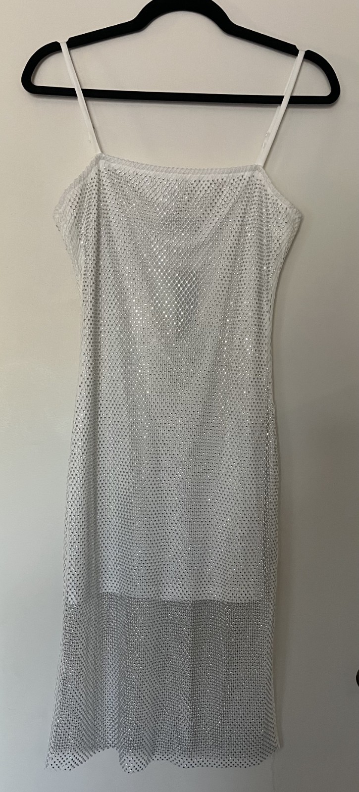 NWT Lulus Memorable Glow White Fishnet Rhinestone Bodycon Midi Dress – M