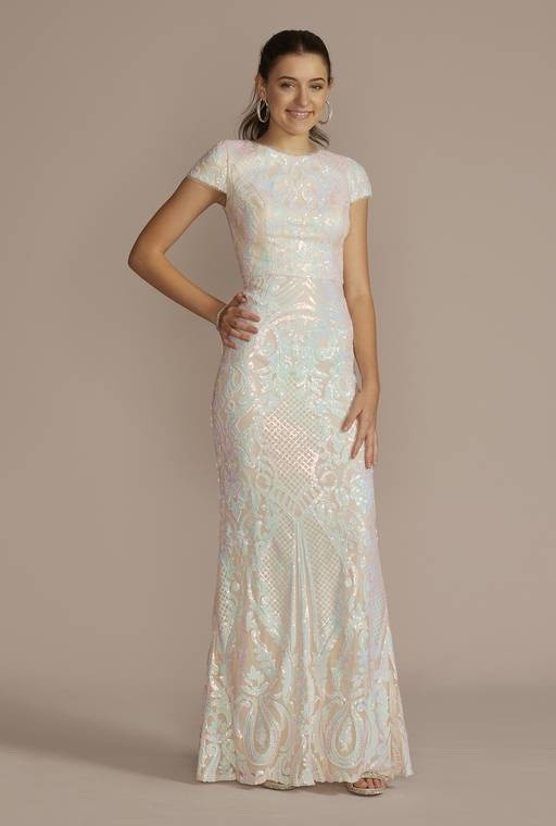 Jules and Cleo White sequin formal dress from David’s Bridal