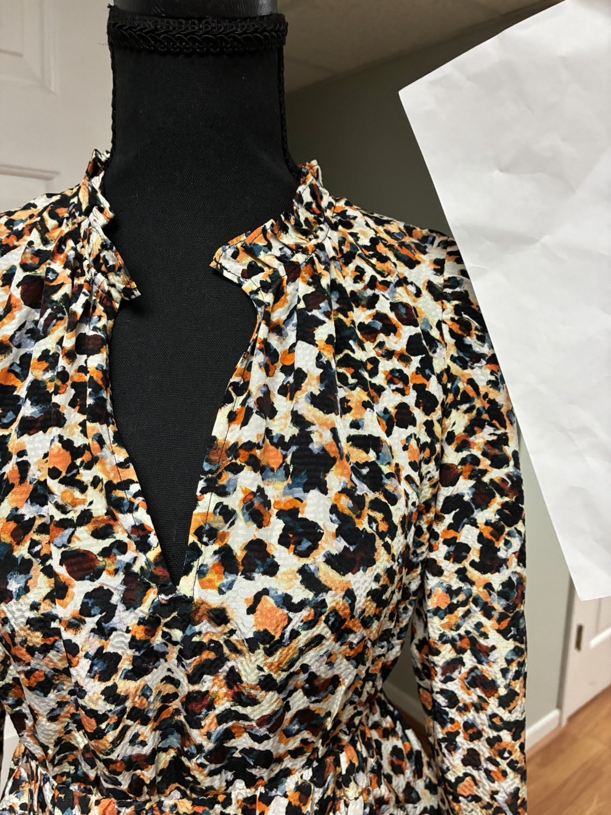 Marie Oliver Leopard Ruffle Tiered Mini Dress XS Animal Print Long Sleeve V-Neck