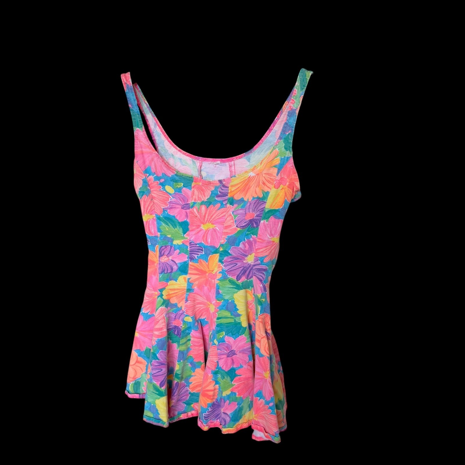 80’s Vibrant Floral Fairy Skater Mini Dress Sleeveless Scoop Neck Pink