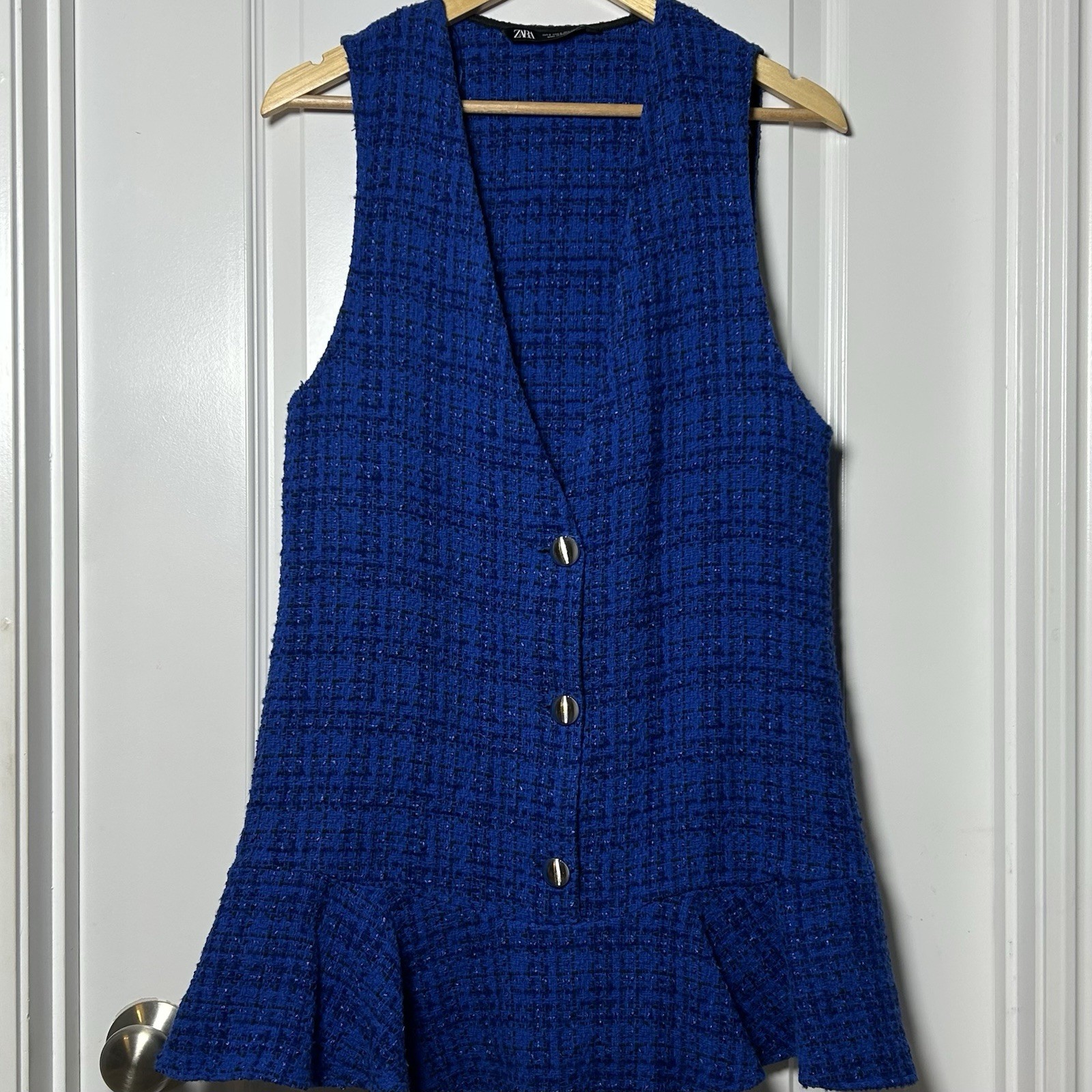 Zara Royal Blue Lurex Tweed Boucle Peplum Mini Dress Old Money Preppy Style