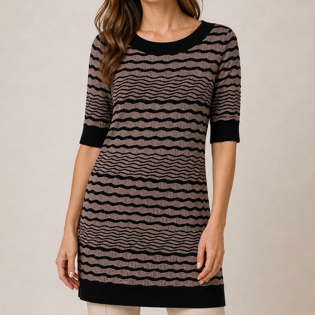 Papillon Blanc Shift Dress Large Textured Seamed Gray Stripe Lagenlook