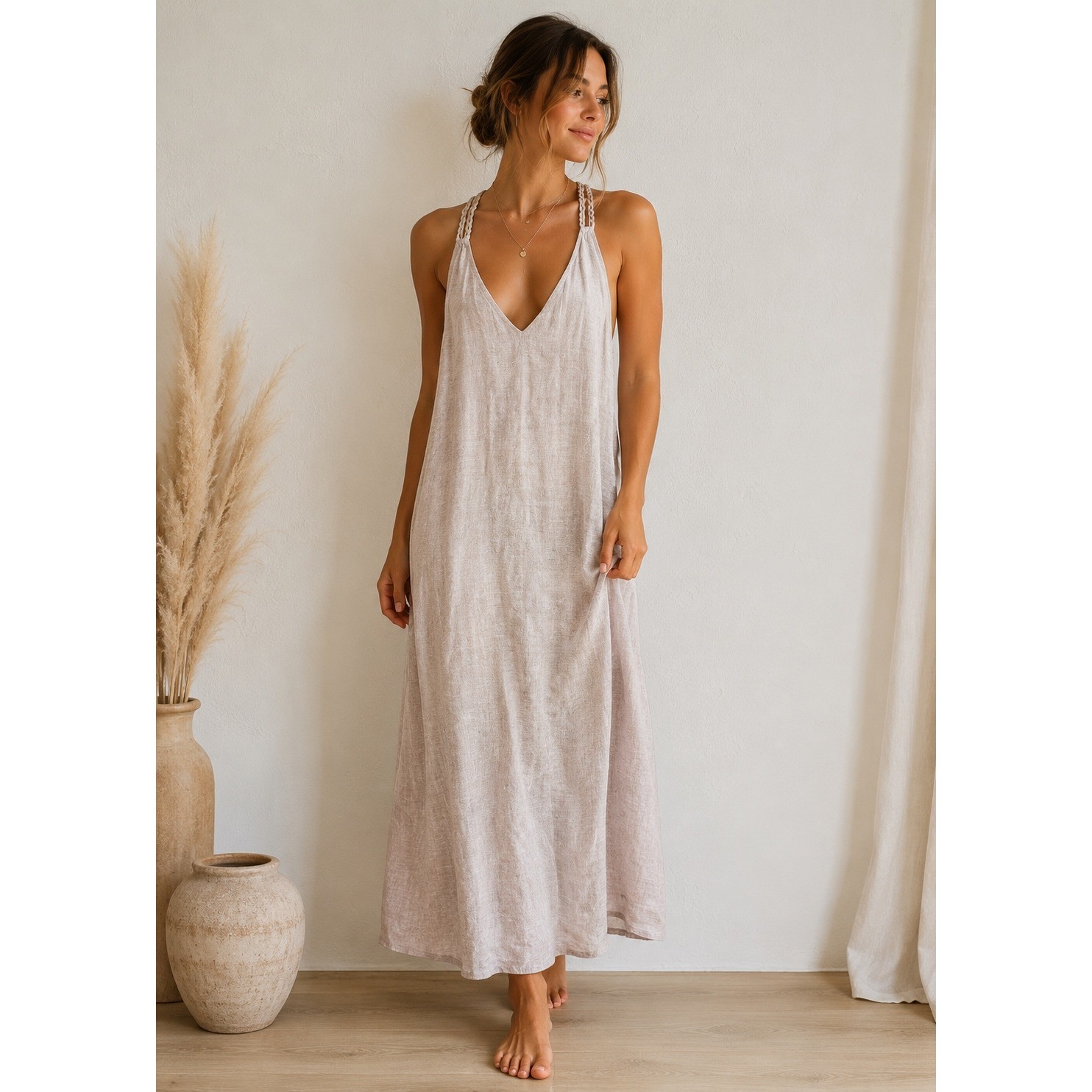 Rachel Zoe Women Oatmeal Beige 100% Linen Braided Racerback Maxi Dress Small