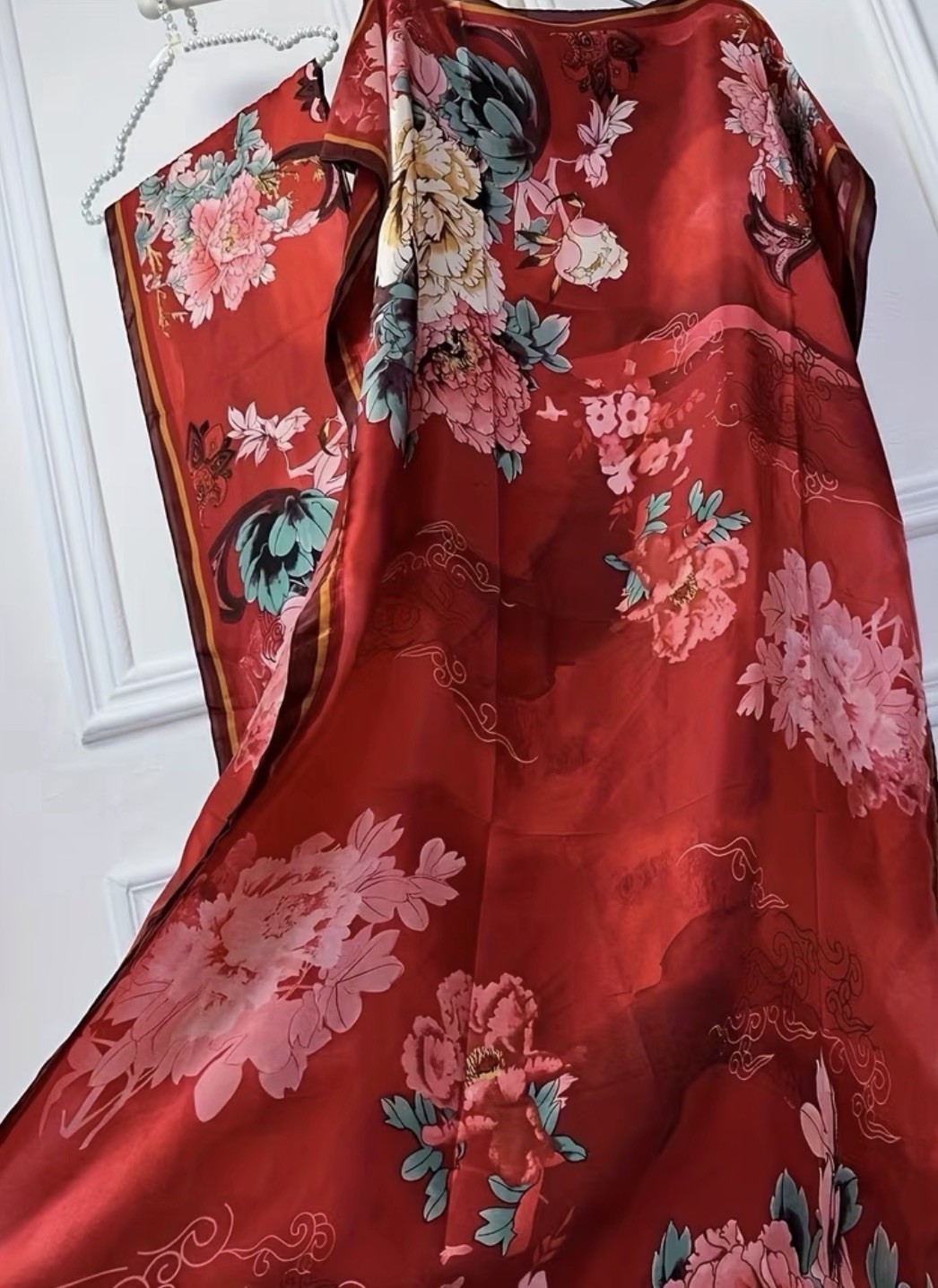 Red/Pink/Green Floral Round Neck Long Sleeve Long Kaftan Dress One Size