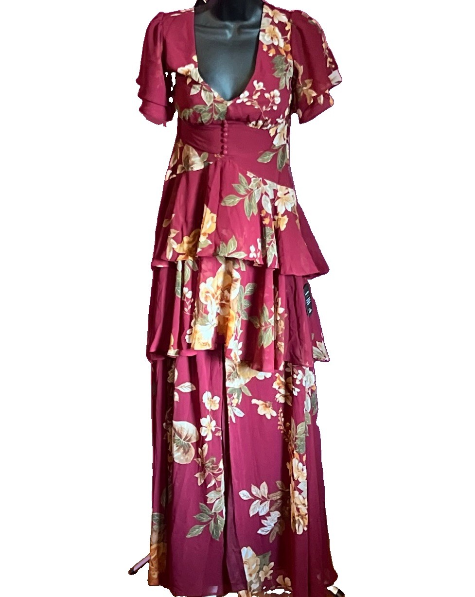 Lulus Midnight Mood Burgundy Floral Tiered Maxi Dress NWT Wedding Guest XS