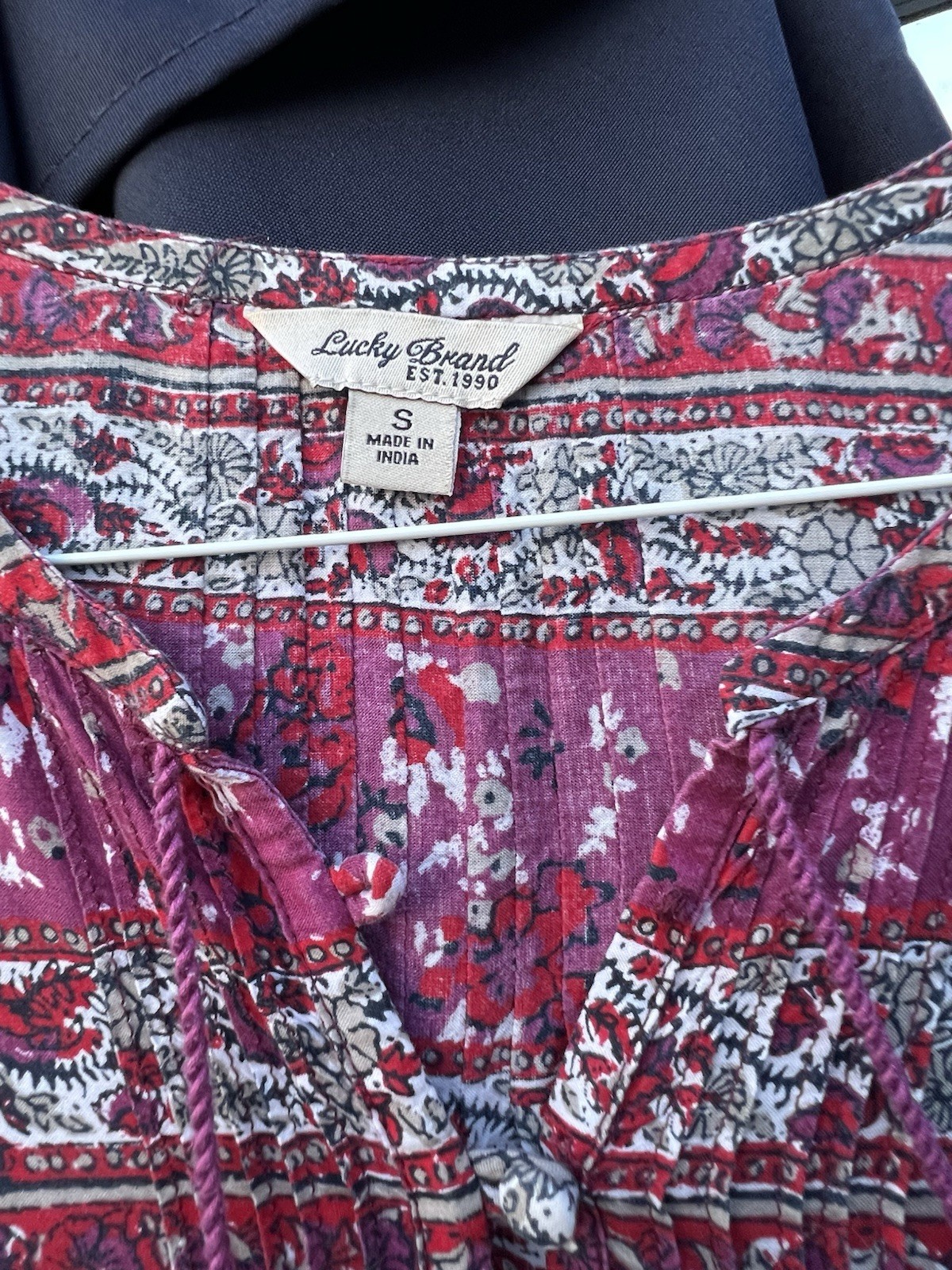 Lucky Brand Boho Floral Long Sleeve Tunic Dress Small Burgundy Tassel Tie