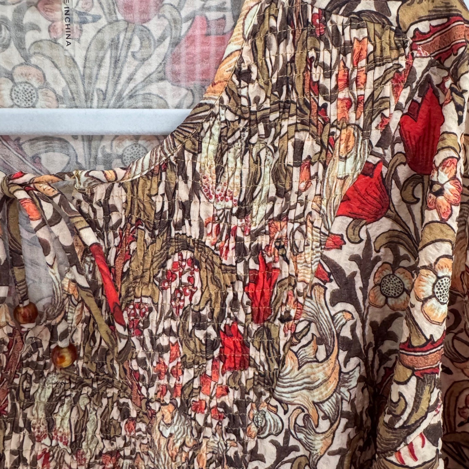 Entro Floral Smocked Mini Dress Long Sleeve Boho Tan Red Brown D21560 Womens M