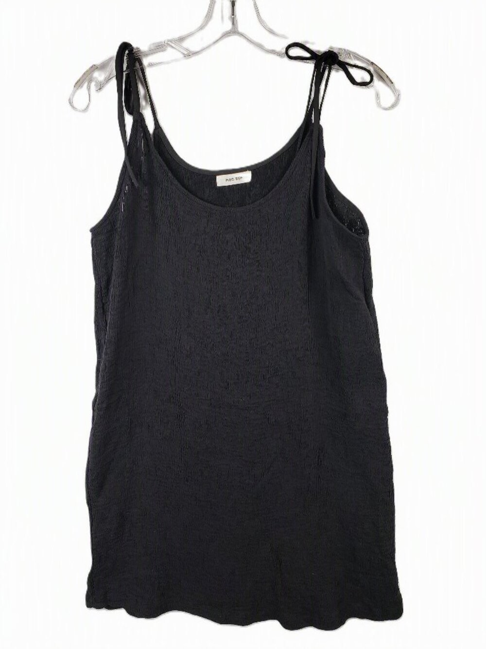 MOD REF Mini Dress Tunic Tie Straps Black Crinkled Ribbed Minimalist Resort sz M