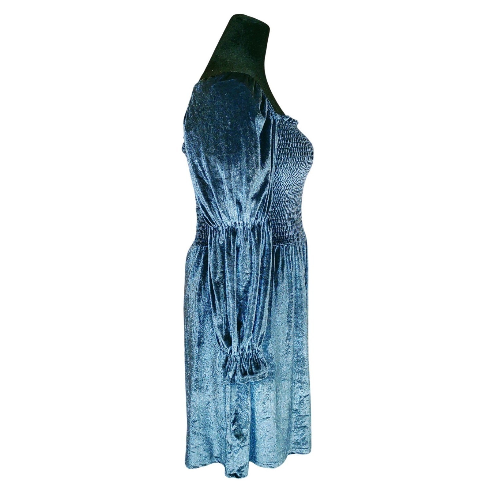 Velvet Milkmaid Smocked Square Neck Peasant Puff Sleeve Mini Dress – Blue XL