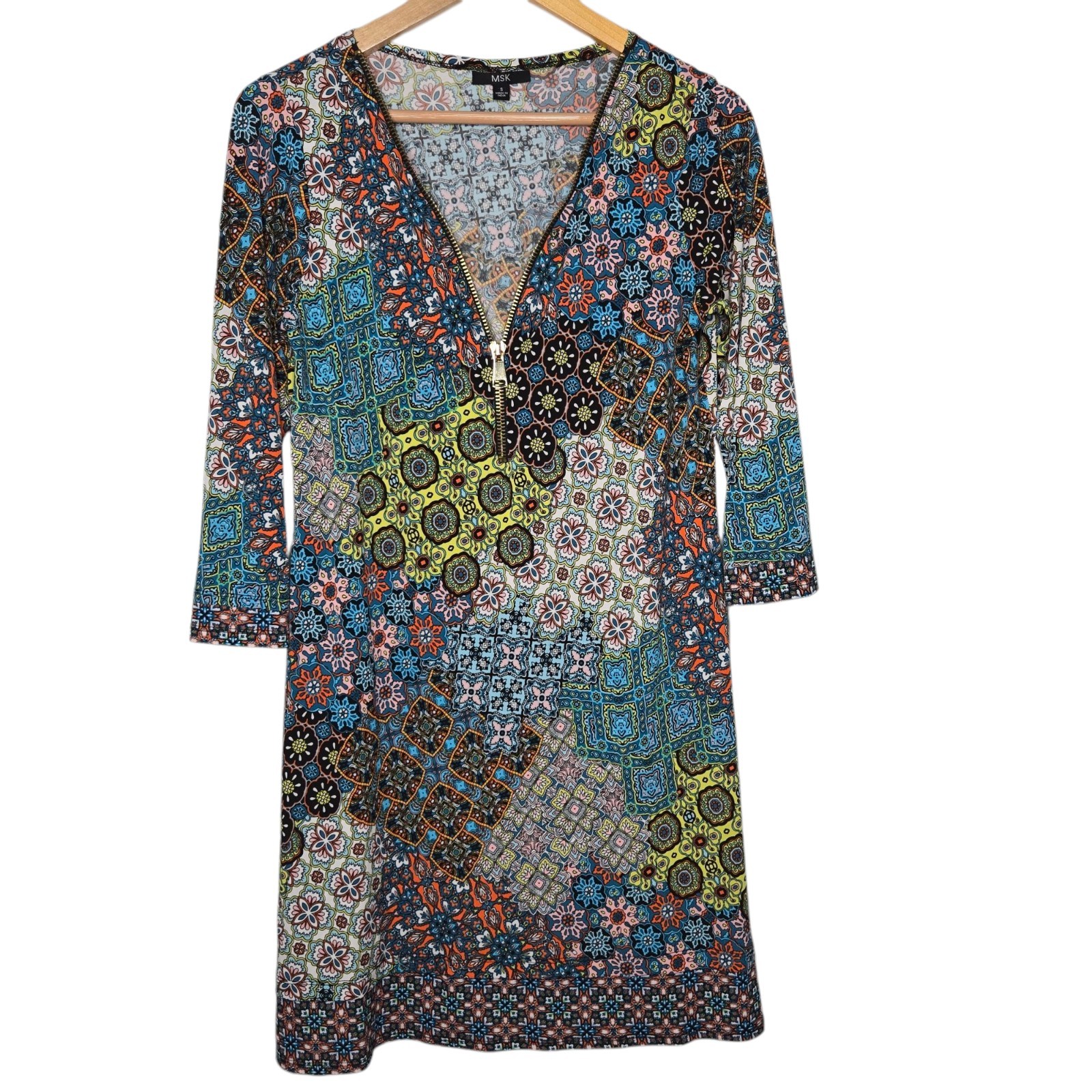 MSK Womens Colorful Mixed Print Retro Mosaic Festival Flare Sleeve Dress Small