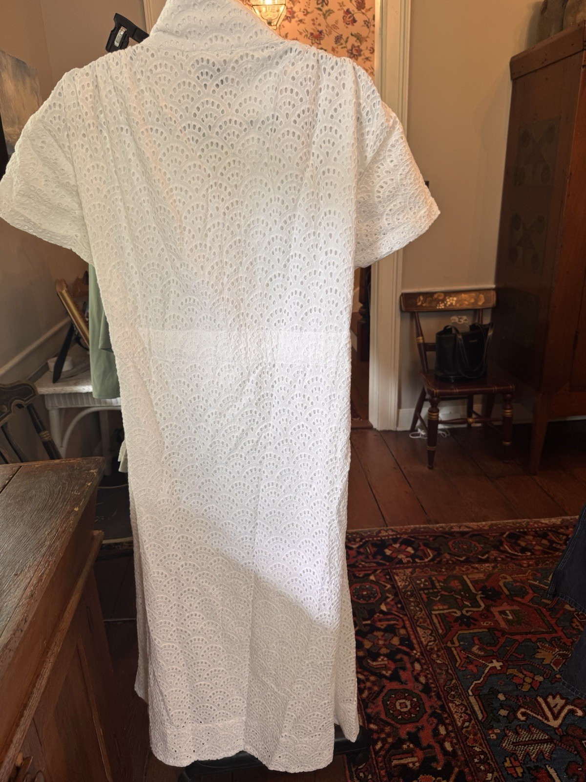 Holly Shae White Eyelet Collared Shirt Dress Bria S/M Cap Sleeve Belted Midi NWT