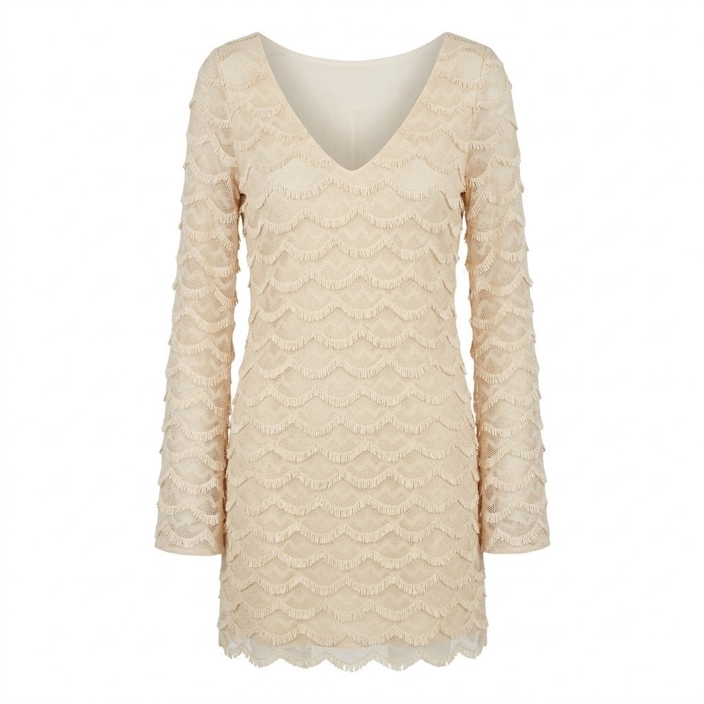 Judith March Cream Scalloped Fringe Knit Long Sleeve Mini Dress Large – CJ
