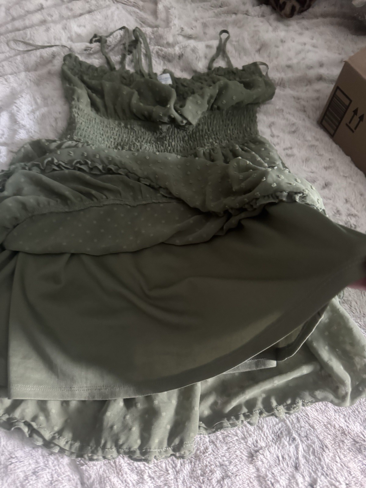 Francesca’s-Blue Rain Mini Dot Dress- Sz M OliveGreen Rouched Waist-Fit & Flare