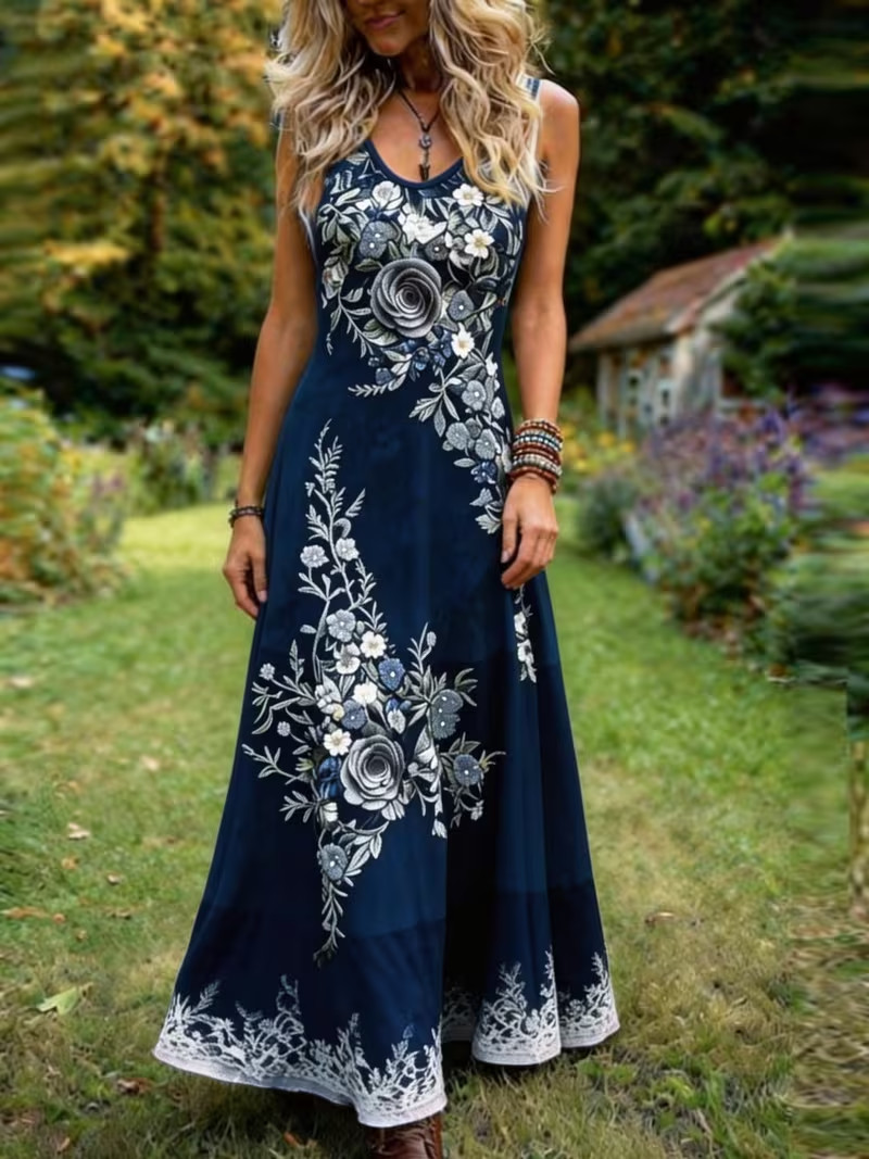 Boho Vintage Lavender Floral Print Plus Size Elegant Dress