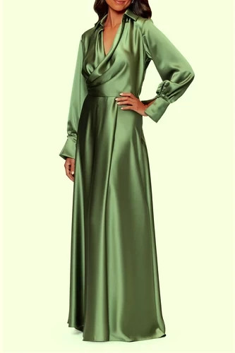 Xscape Olive Green Satin Collared Long Sleeve Satin Gown Dress Size 14 $288