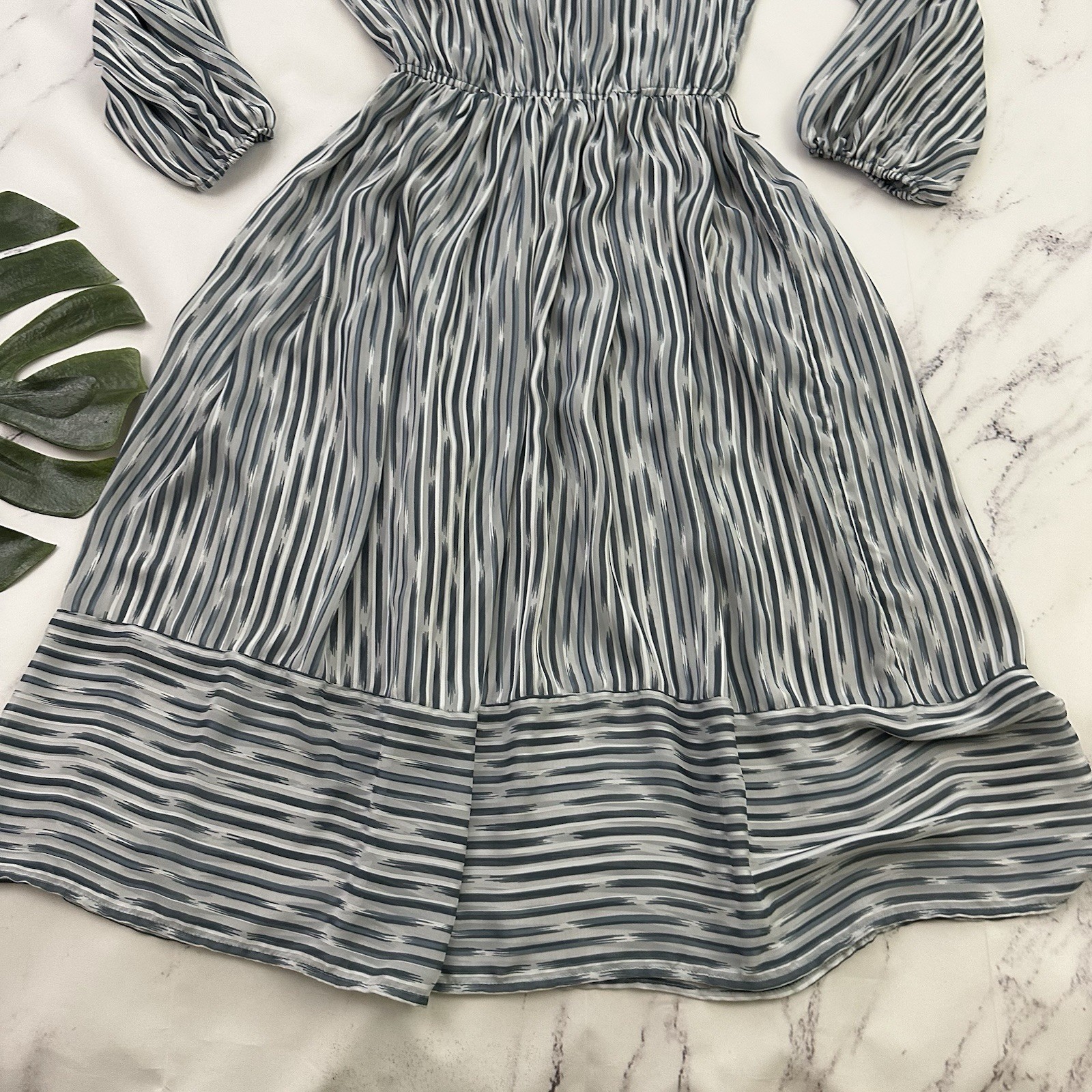 Connections Womens Vintage 80s Blouson Dress Size M Gray Silver Stripe Sheer